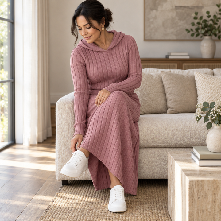Ribwarm – Długa sukienka swetrowa z kapturem