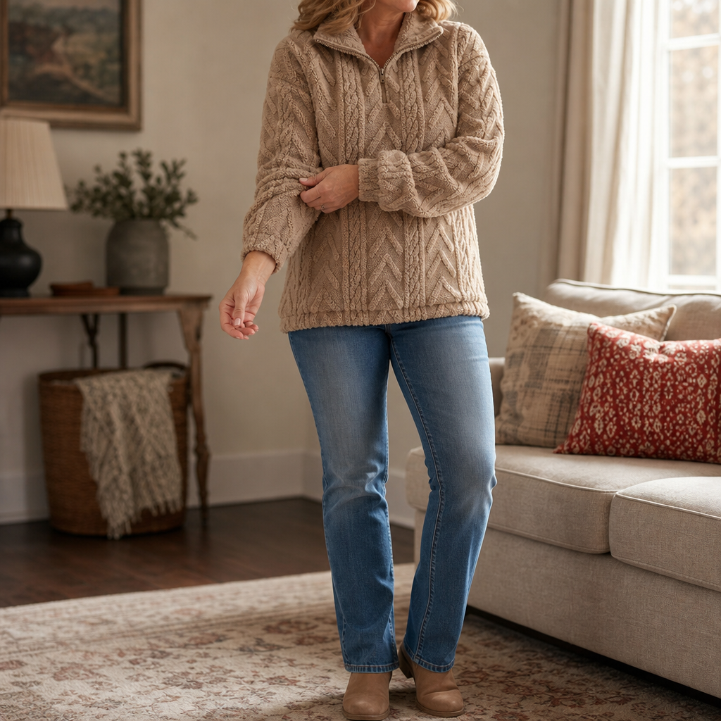 Cable &amp; Cozy – Sweter z dzianiny warkoczowej z krótkim zamkiem