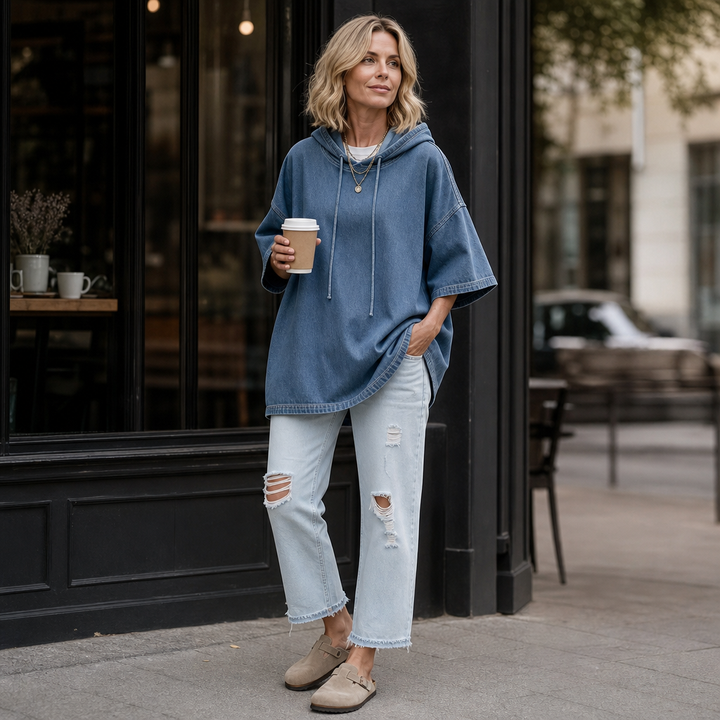 Wearbella – Oversized, Prany Denimowy Pulower z Kapturem