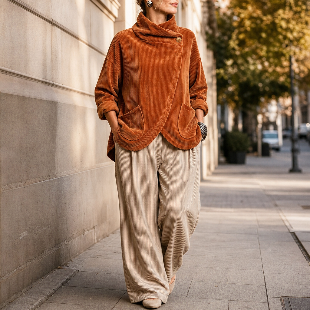 Draperie – Asymetryczny top z guzikiem i sztruksu