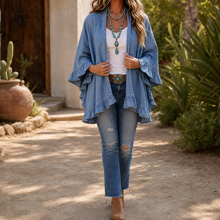Ruffledenim – Kardigan z wykończeniem falbaną w stylu dżinsowym, otwarty z przodu