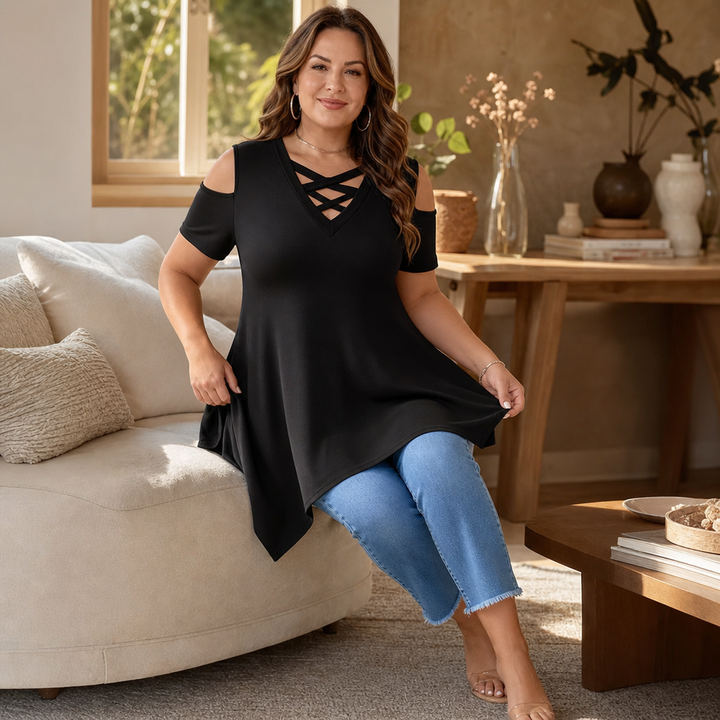 Sharkbite – Tunika z Krzyżującym Się Dekoltem i Odkrytymi Ramionami