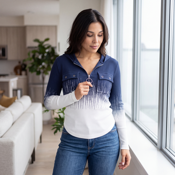 Ombrella – Niebieska bluza z ombré z dzianiny waffle z półzamkiem