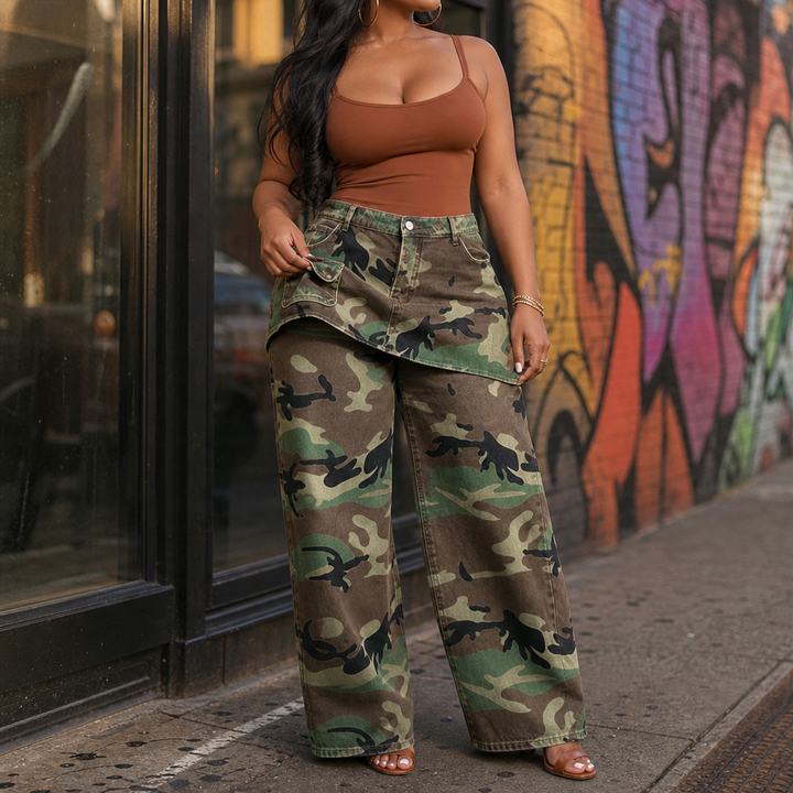 Camo Muse – Retro Kamuflażowe Jeansy z Szerokimi Nogawkami