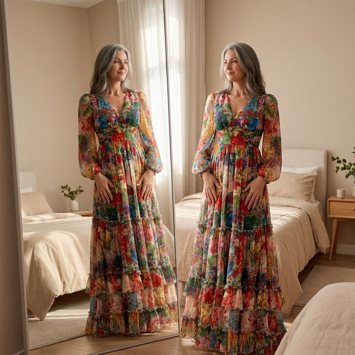 Floressa – Damska sukienka maxi w kwiaty z falbanami i rękawami lampionowymi