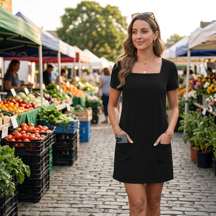 Daylyn – Sukienka mini z dekoltem kwadratowym i kieszeniami dla kobiet