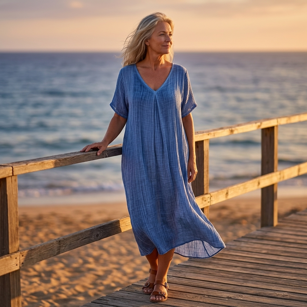 Linara – Sukienka V-Neck z Bawełny i Lnu dla Kobiet
