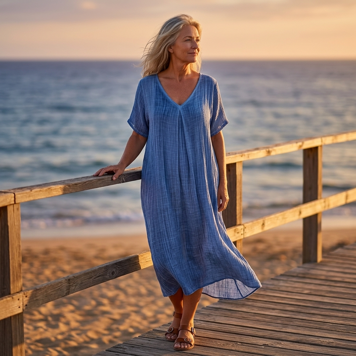 Linara – Sukienka V-Neck z Bawełny i Lnu dla Kobiet