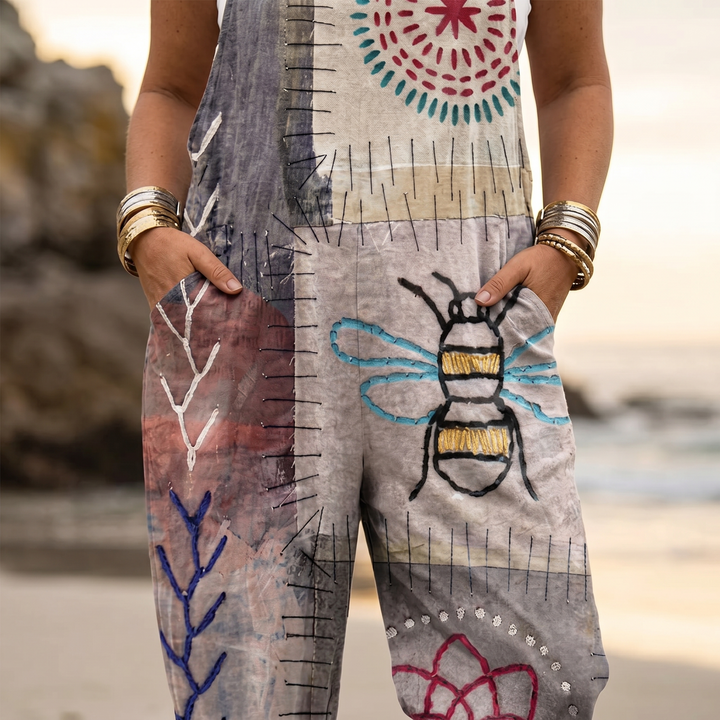 QueenBee – Damski Artystyczny Print Plus-Size Ogrodniczki