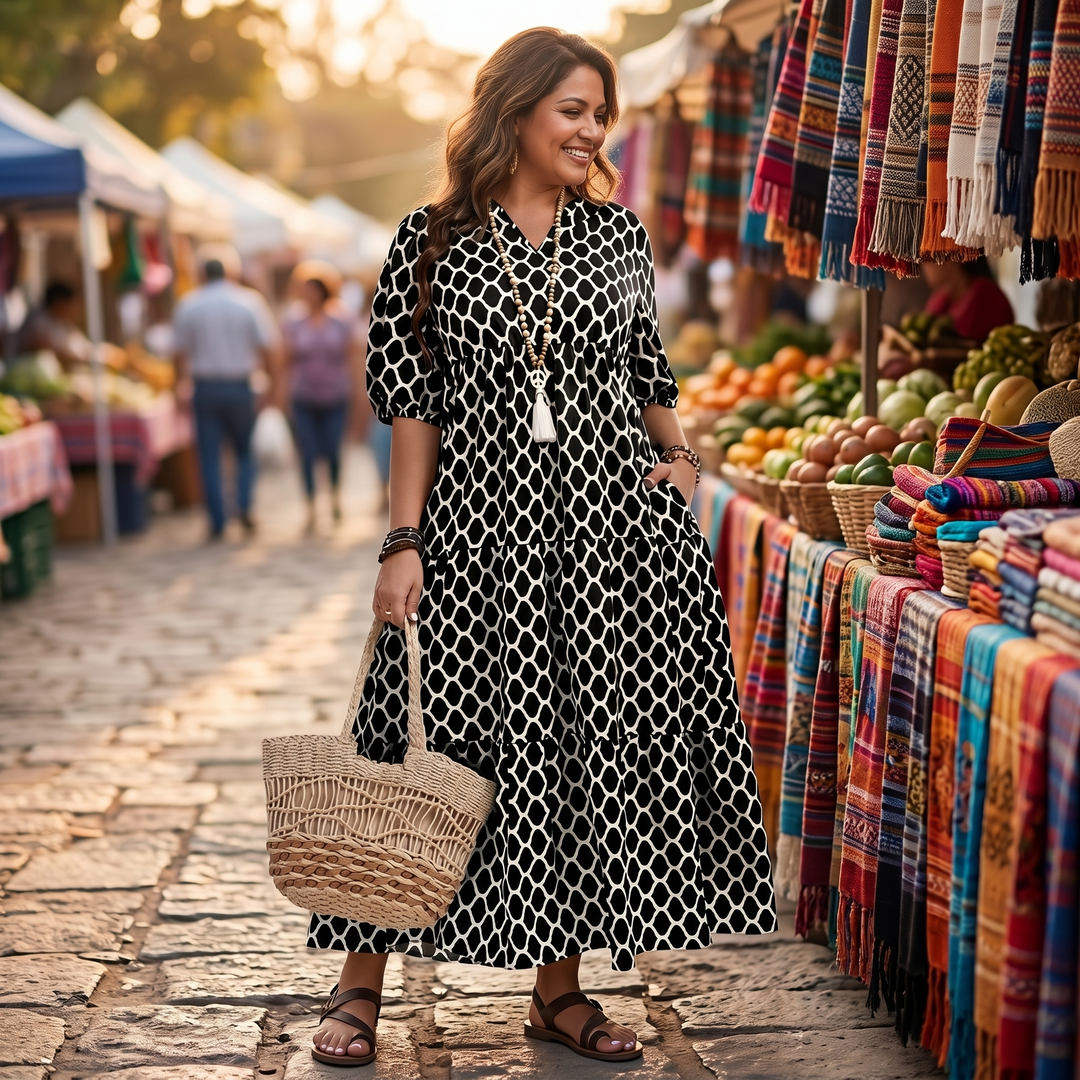 Curvella – Długa Sukienka Boho dla Kobiet z Kieszeniami