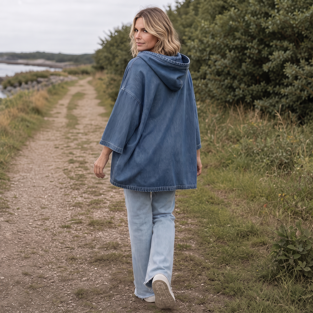 Wearbella – Oversized, Prany Denimowy Pulower z Kapturem