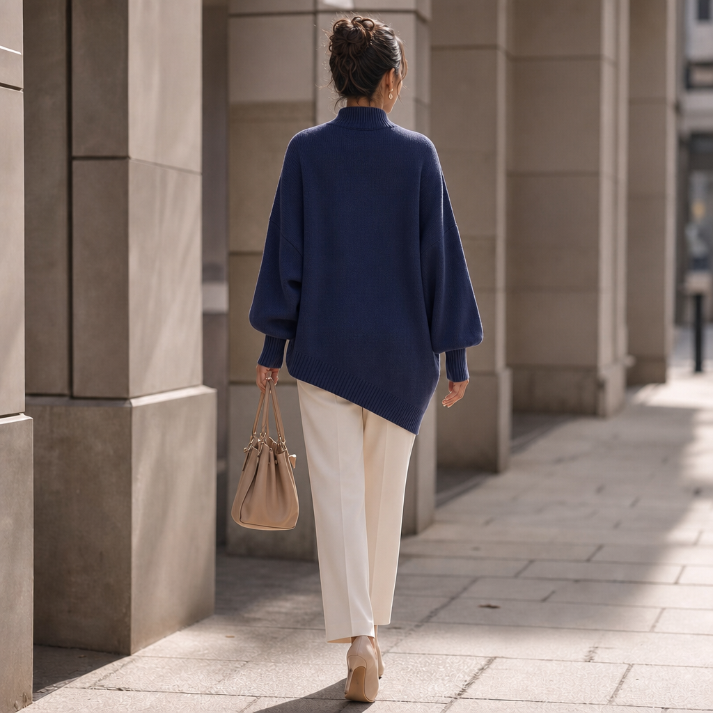 Wearbella – Asymetryczny Sweter z Rękawem Latarniowym i Zawijanym Przodem