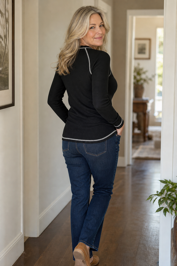 Wearbella – Top Henley z Waffle Knit i Kontrastowymi Szwami
