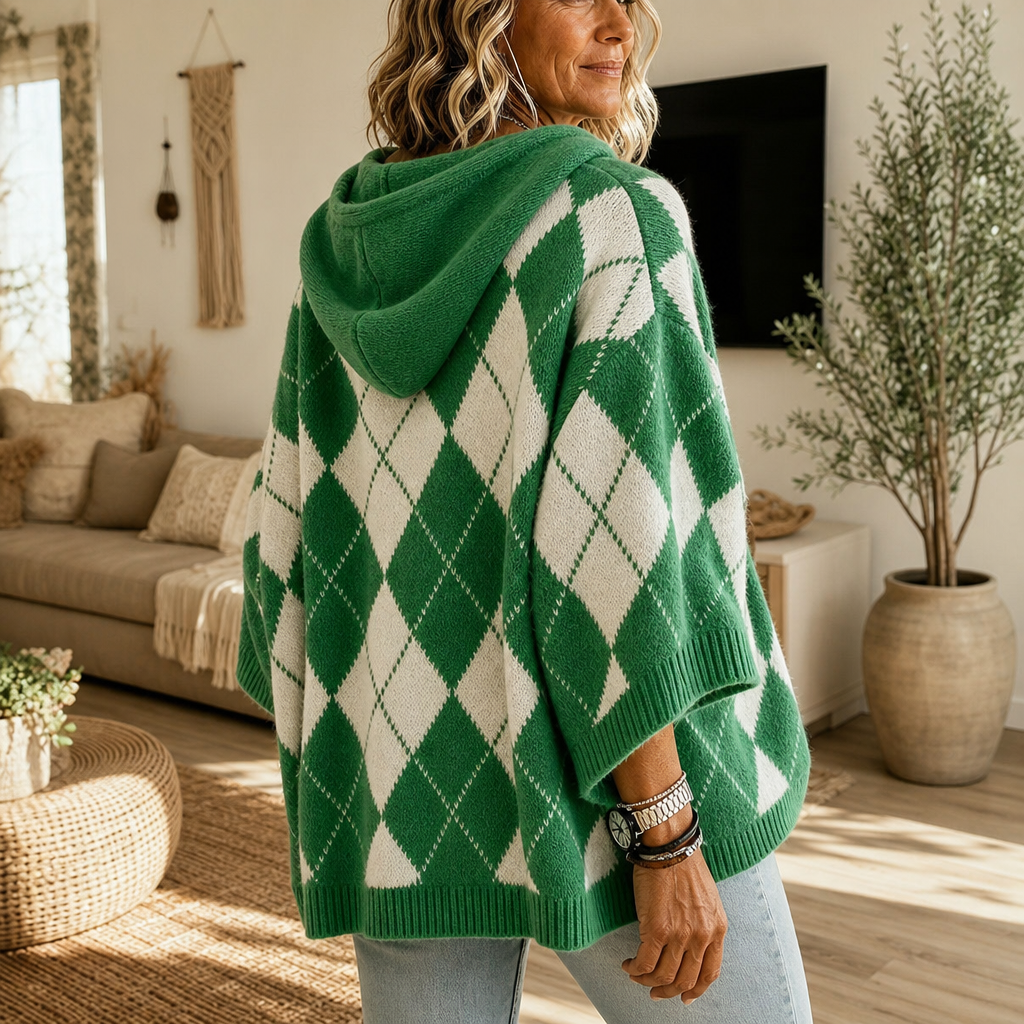 Wrapbella – Sweter Poncho z Kapturem w Wzór Argyle