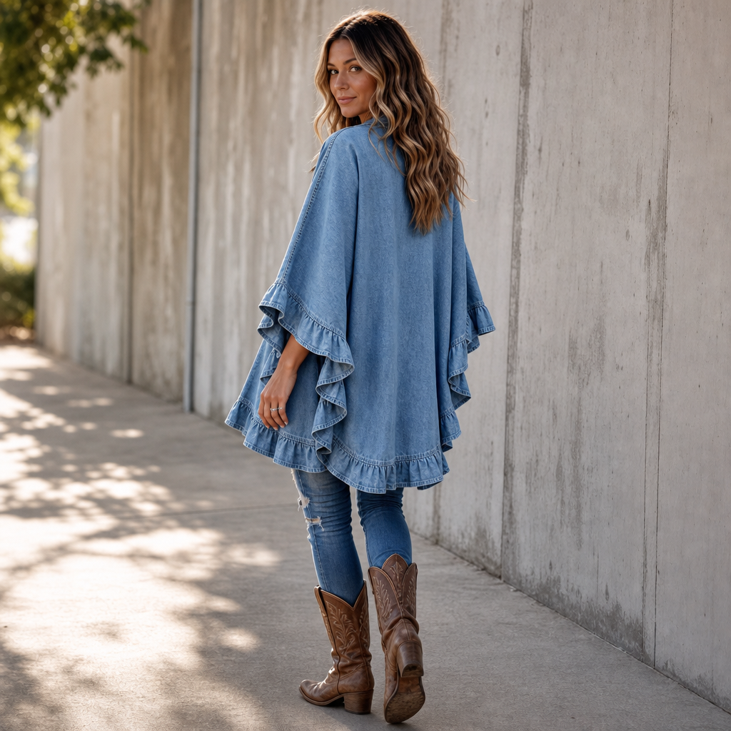 Ruffledenim – Kardigan z wykończeniem falbaną w stylu dżinsowym, otwarty z przodu