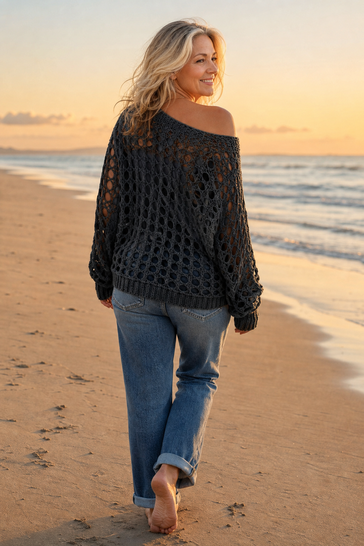 Sunlace – Sweter Oversize z Otwartych Splotów na Ramię
