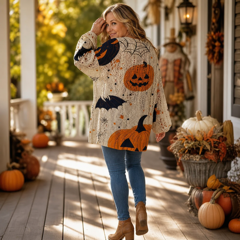Harvestknit – Sweter z intarsjami w dynie i nietoperze