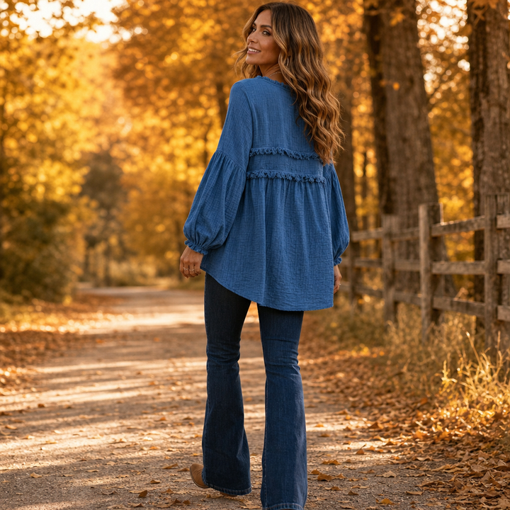 Wovella – Bluzka Boho z Falbanką i Plisowanymi Rękawami