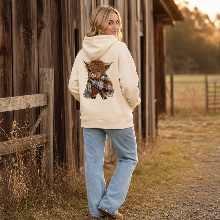 Highland Hearth – Bluza z kapturem z polarem w środku z grafiką Highland Cow