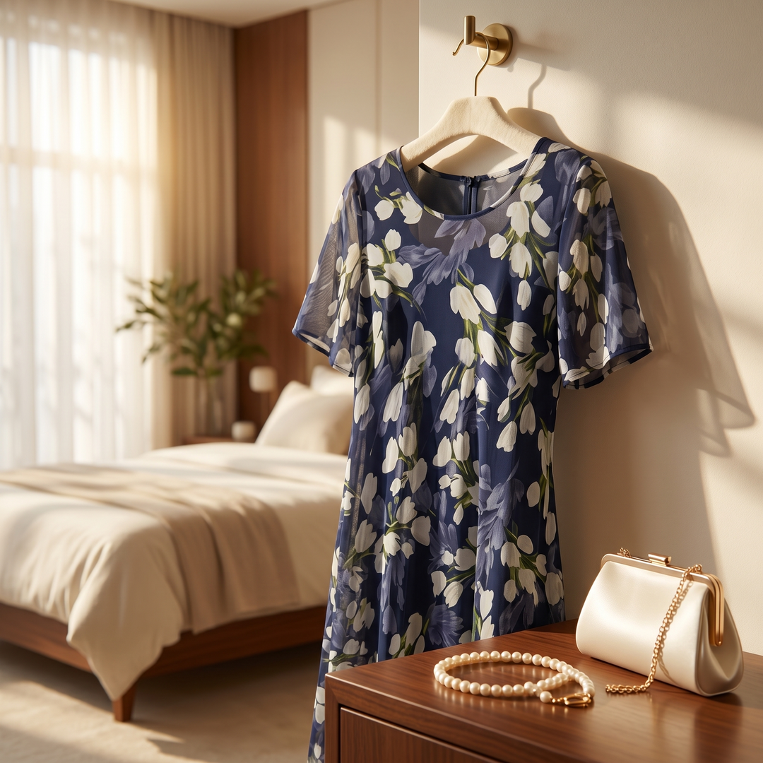Florenza – Elegancka granatowa sukienka midi w kwiaty dla kobiet