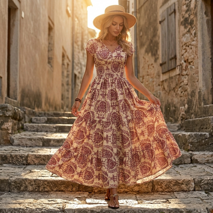 Florenza – Damska sukienka maxi w kwiaty z marszczonym stanem