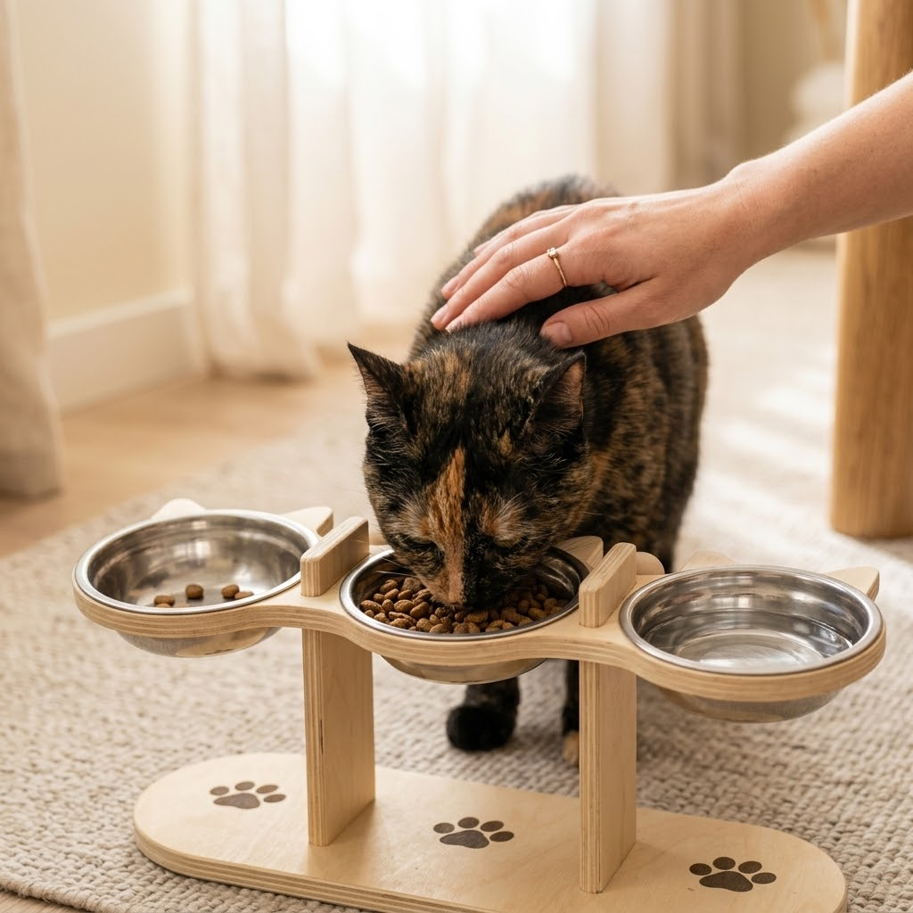 PawNest – Drewniana stacja karmienia dla zwierząt z 3 miseczkami