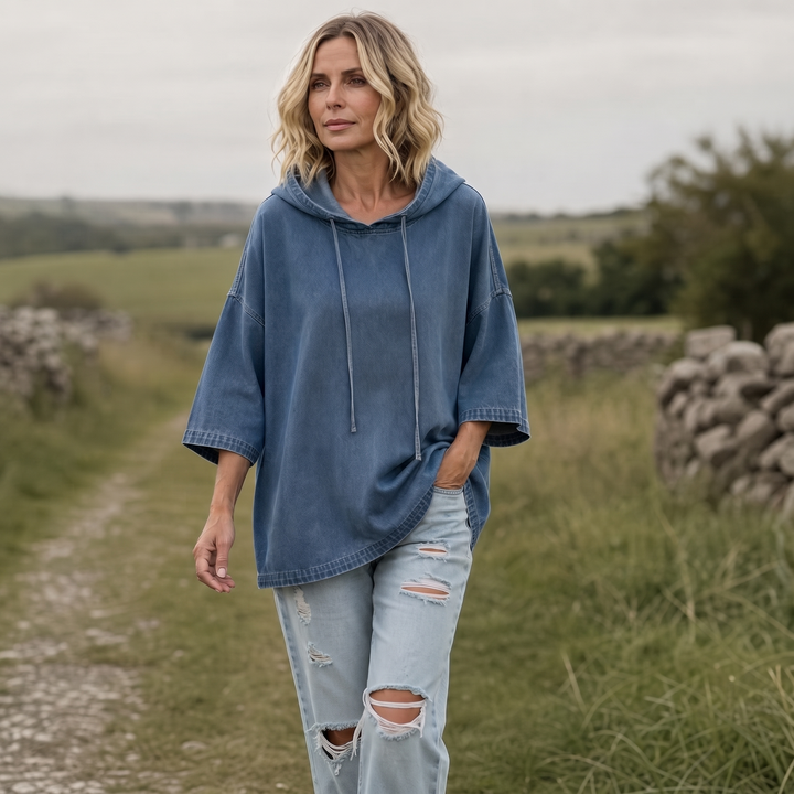 Wearbella – Oversized, Prany Denimowy Pulower z Kapturem