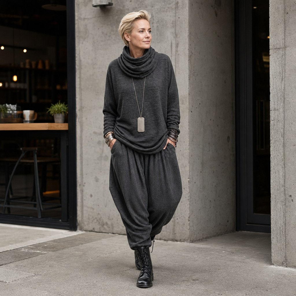 Pinstripe Poise – Zestaw z Drapowanym Topem z Wysokim Dekoltem i Spodniami w Kształcie Latarni