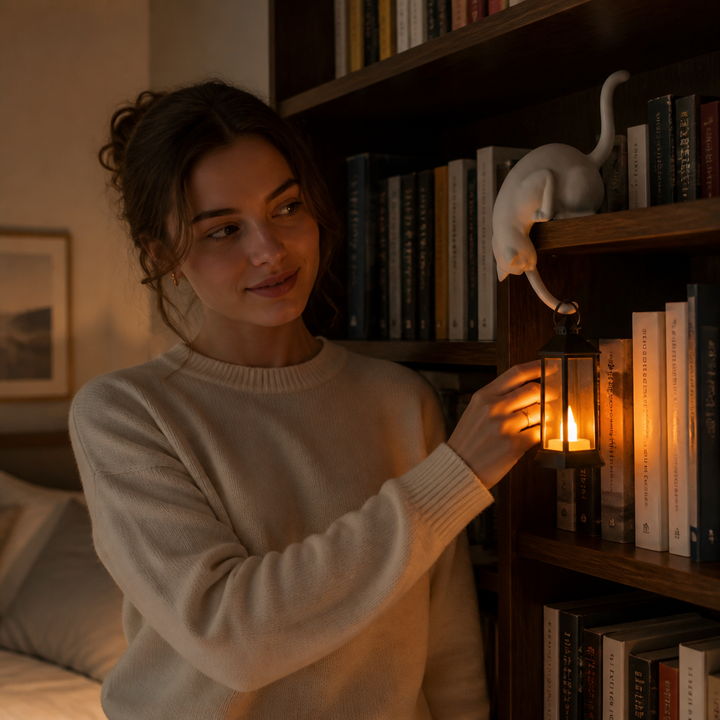 Ledgekit – Figurki kota na krawędzi półki z latarnią LED