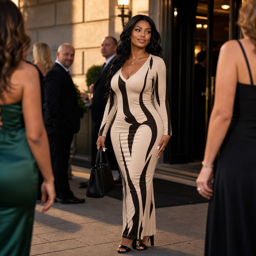 Vivelyn – Drukowana Sukienka Maxi Bodycon z Długim Rękawem