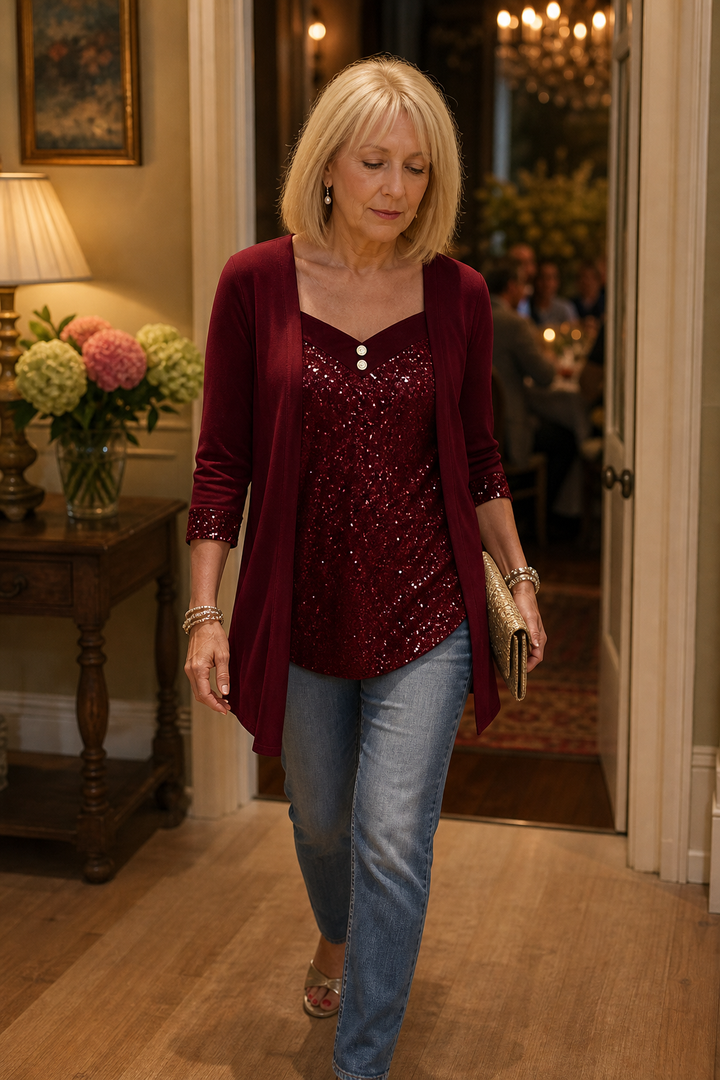 Veluxe Duo – Wieczorowy top z cekinowym przodem w stylu mock-layer