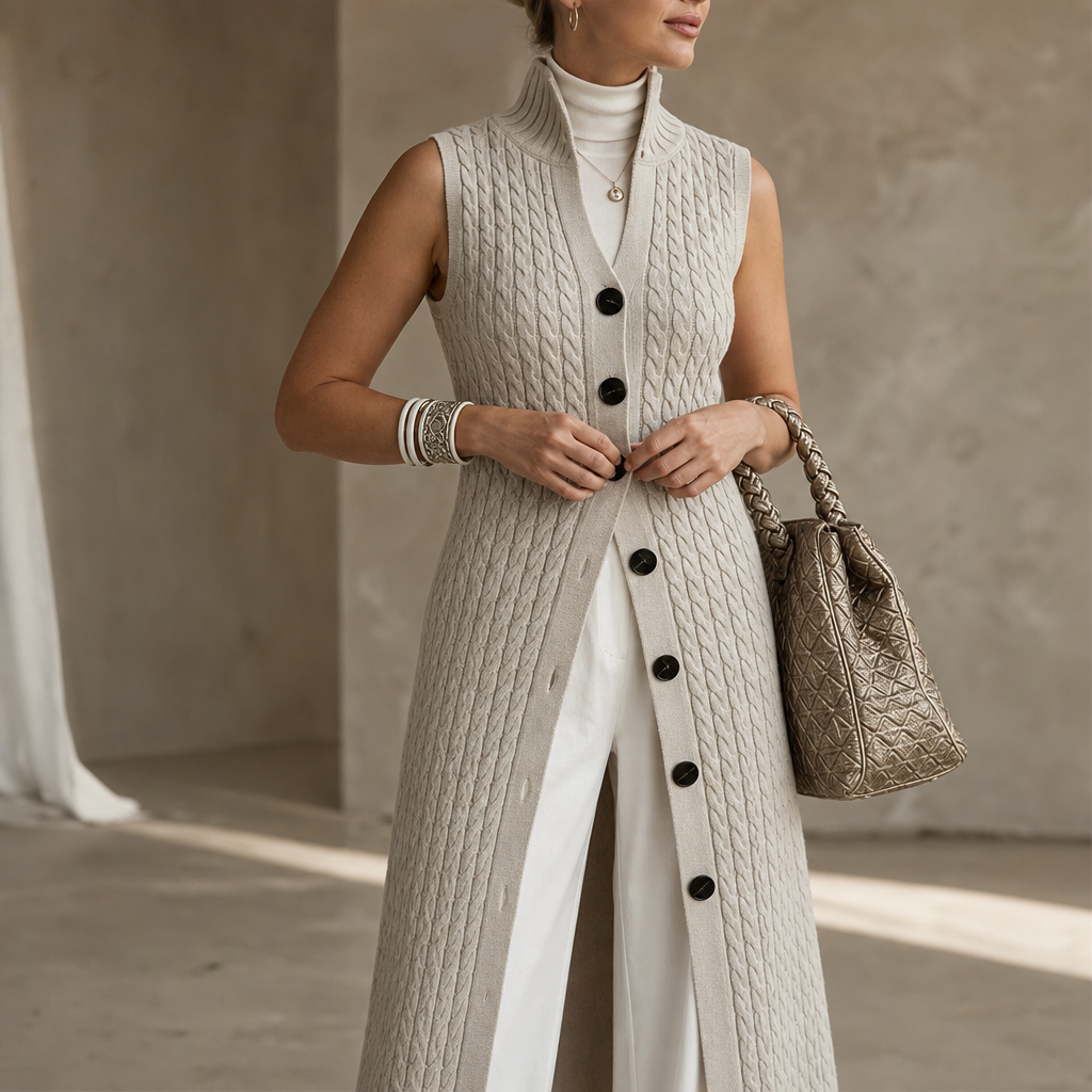 Elara Knit – Długi Kamizelka w Stylu Splotu Kablowego