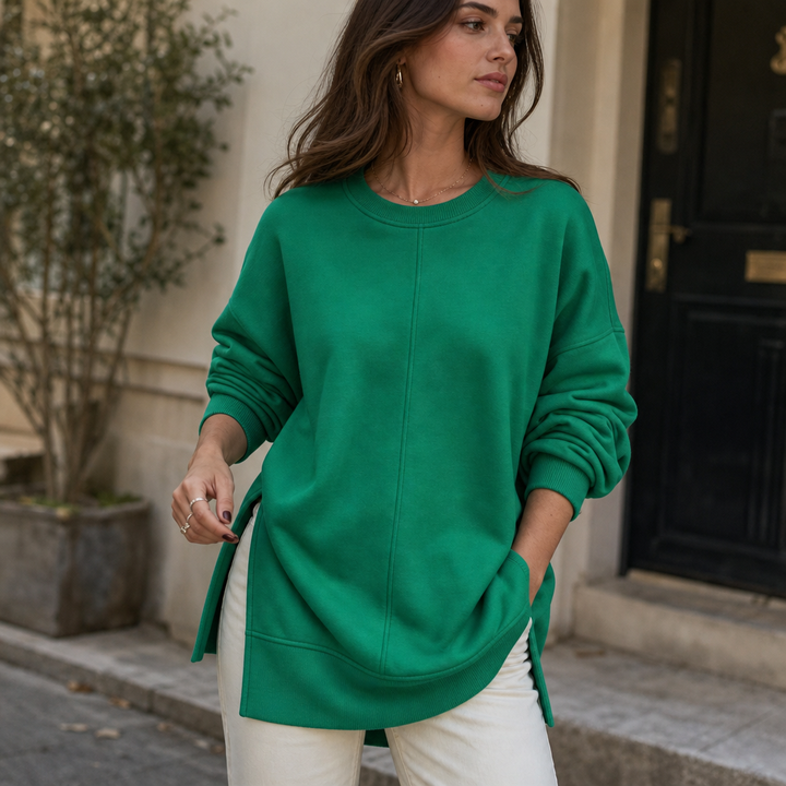 Verdant Ease – Bluza z Opuszczonymi Ramionami i Rozcięciami po Bokach
