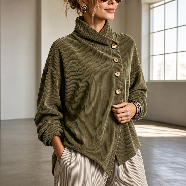 Wearbella – Asymetryczny top z kołnierzem typu funnel i guzikami z korduroyu