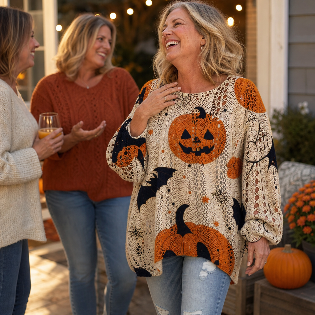 Harvestknit – Sweter z intarsjami w dynie i nietoperze