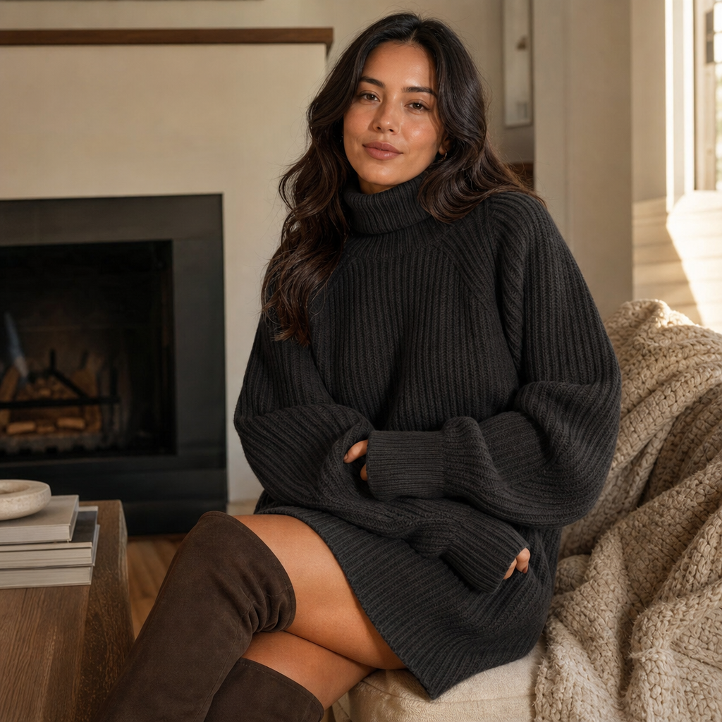 Cozyelle – Sweter Sukienka z Rękawami Raglan i Wysokim Kołnierzem