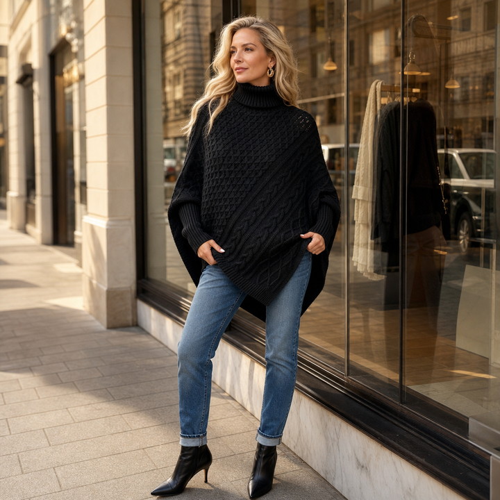 Cabelune – Sweter Poncho z Warkoczem w Stylu Asymetrycznym