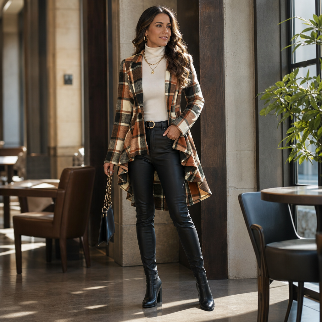 Wearbella – Płaszcz Peplum w Kratę z Wcięciem w Talii