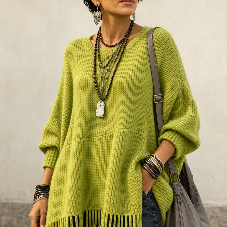 Limehaven – Teksturowany Poncho z Frędzlami i Rękawami Batwing
