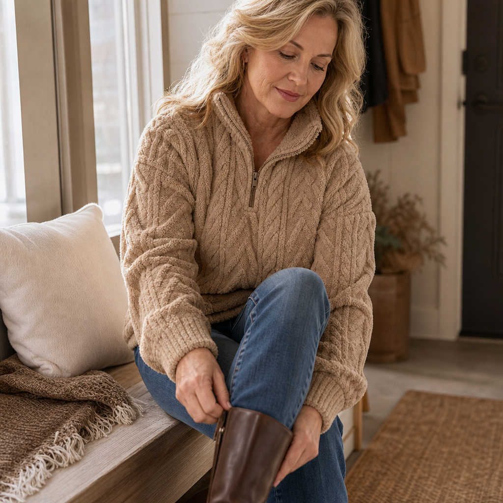 Cable &amp; Cozy – Sweter z dzianiny warkoczowej z krótkim zamkiem