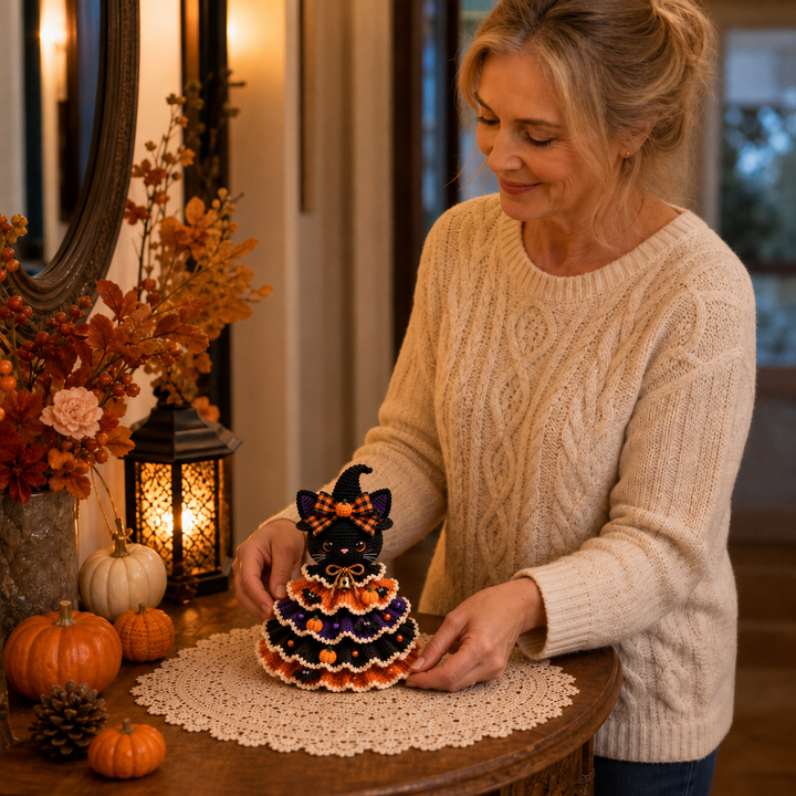 Hallowstitch – Warstwowy Szydełkowy Kot Czarownica na Halloween