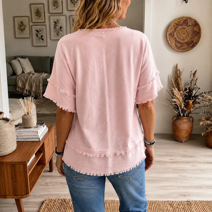Lorelei – Boho T-shirt z frędzlami w dekolcie V dla kobiet, luźny krój maskujący brzuch
