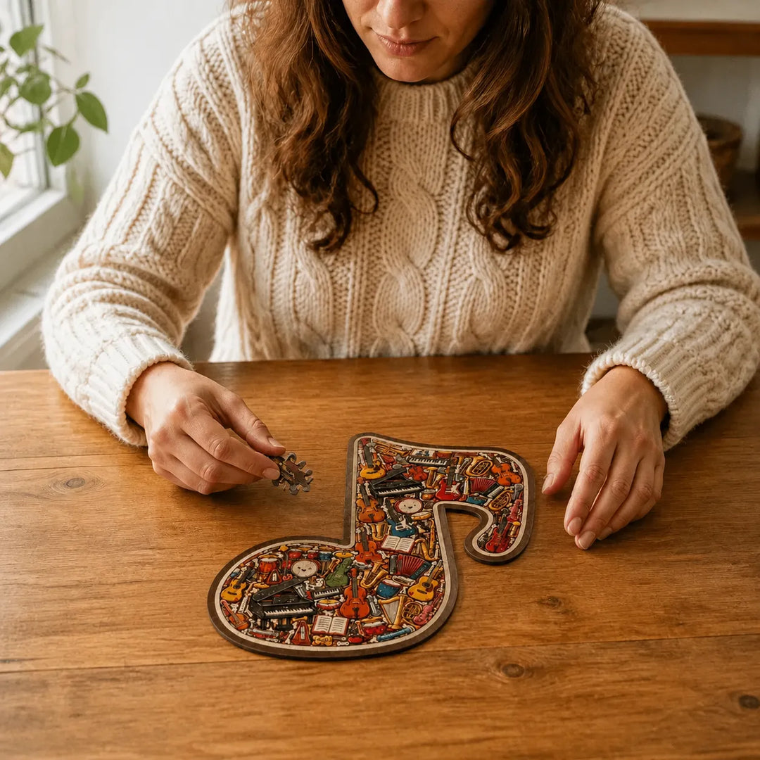 Melora – Puzzle w kształcie nuty muzycznej z drewnianym wyglądem, w zestawie z podstawą do wyświetlania