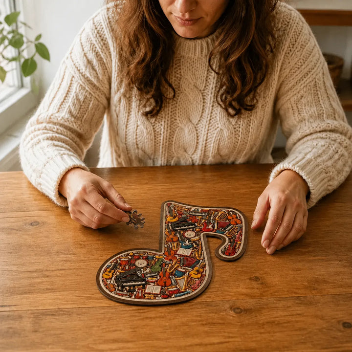 Melora – Puzzle w kształcie nuty muzycznej z drewnianym wyglądem, w zestawie z podstawą do wyświetlania