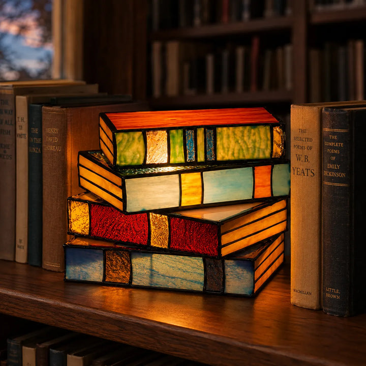 Lumira – Lampa Stołowa w Kształcie Stosu Książek do Sypialni i Czytania