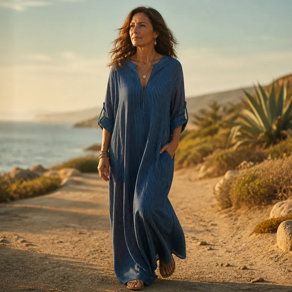 Vestara – Boho Paski V-Neck Maxi Sukienka z Kieszeniami, Długie Rękawy, Świeża, Nienaściśliwa Tkanina