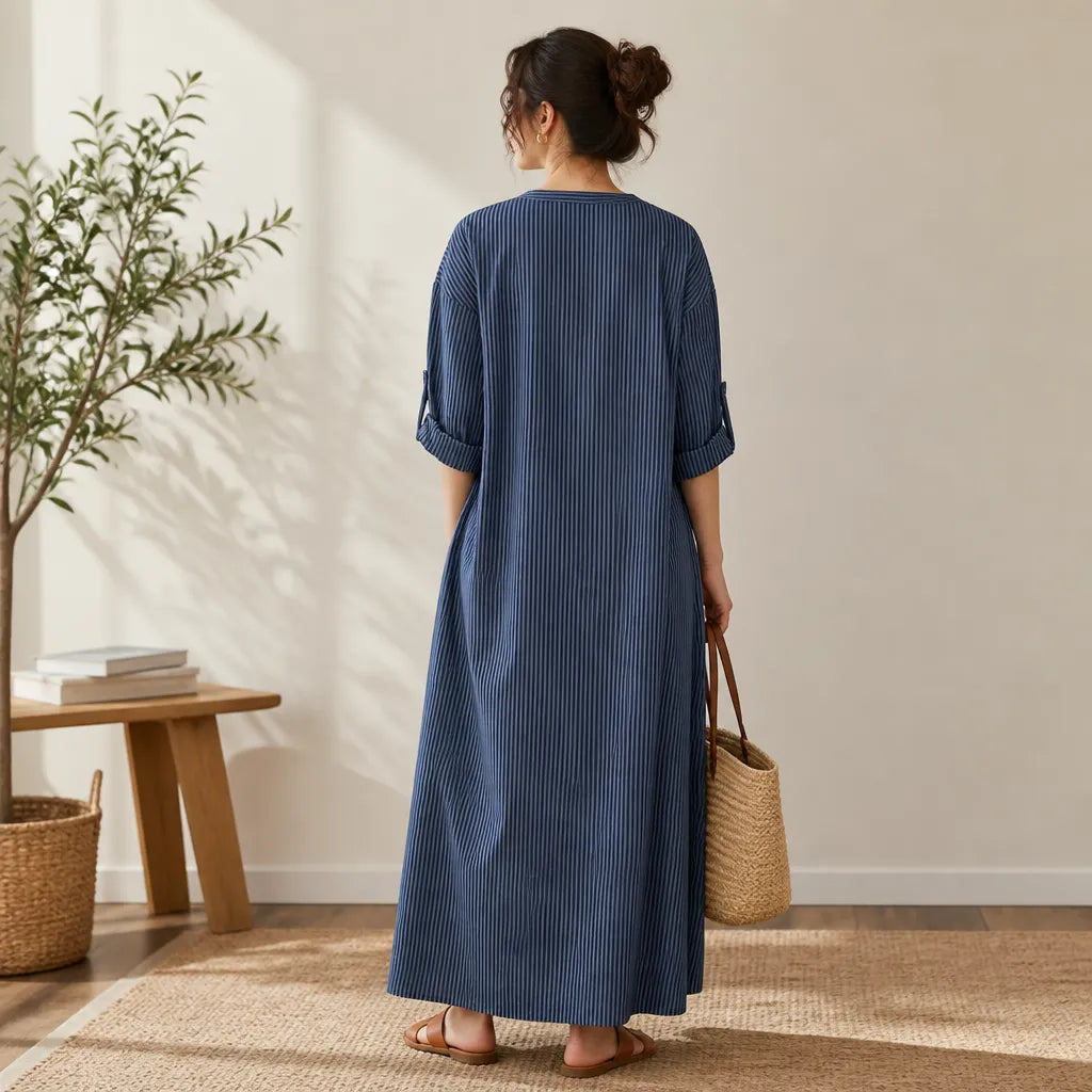 Vestara – Boho Paski V-Neck Maxi Sukienka z Kieszeniami, Długie Rękawy, Świeża, Nienaściśliwa Tkanina