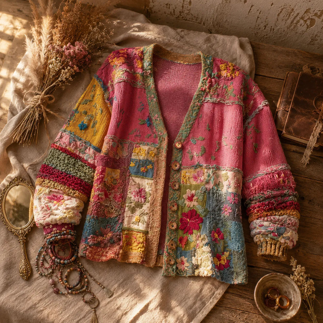 Solenne – Kwiatowy Kardigan Boho w Stylu Patchwork