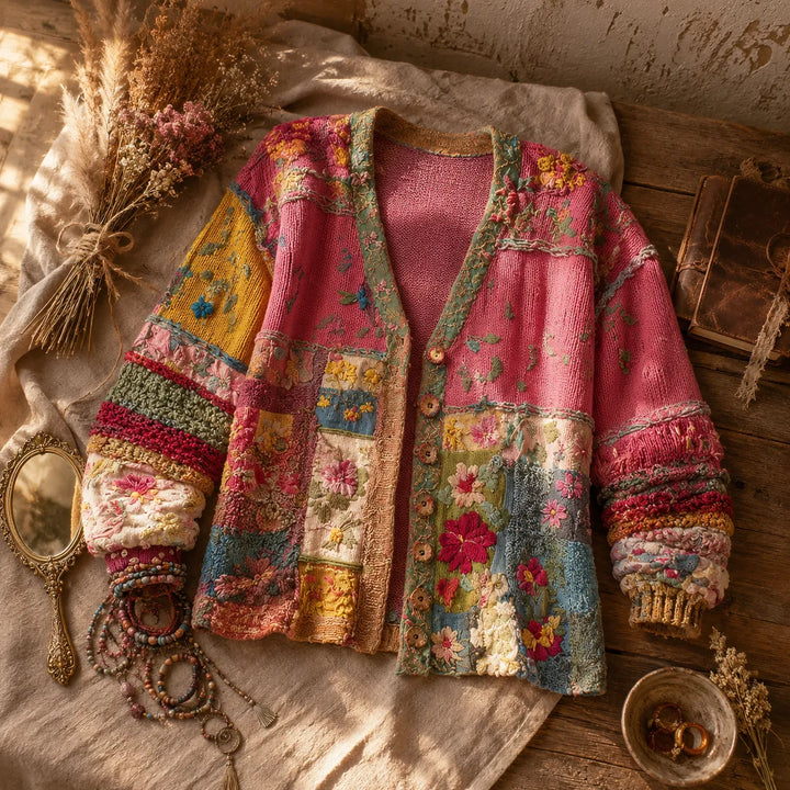 Solenne – Kwiatowy Kardigan Boho w Stylu Patchwork