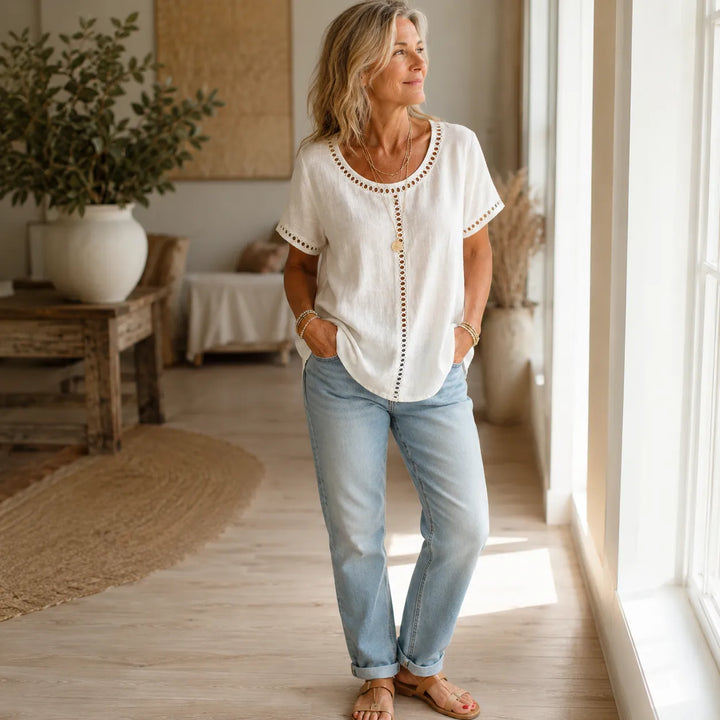 Marellia – Boho Tunika z Otworami dla Kobiet, Luźny Krój, Krótki Rękaw, Letnia Bluzka